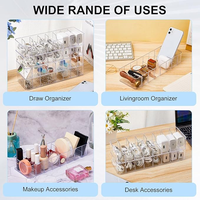 Tatuo 1 Pcs Cable Organizer with 10 Wire Ties, Plastic Cord Storage Charger Box Electronics Organizer with Adjustment Compartments Cable Storage for Drawer Home Office Desk Accessories (Clear)