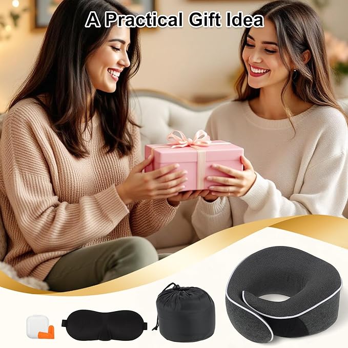 VOCOSTE Neck Pillow for Airplane Travel, Ergonomic Memory Foam Support for Long Flights, with Eye Mask & Earplugs, Home & Office Nap, Gifts for Frequent Flyer, Deep Gray