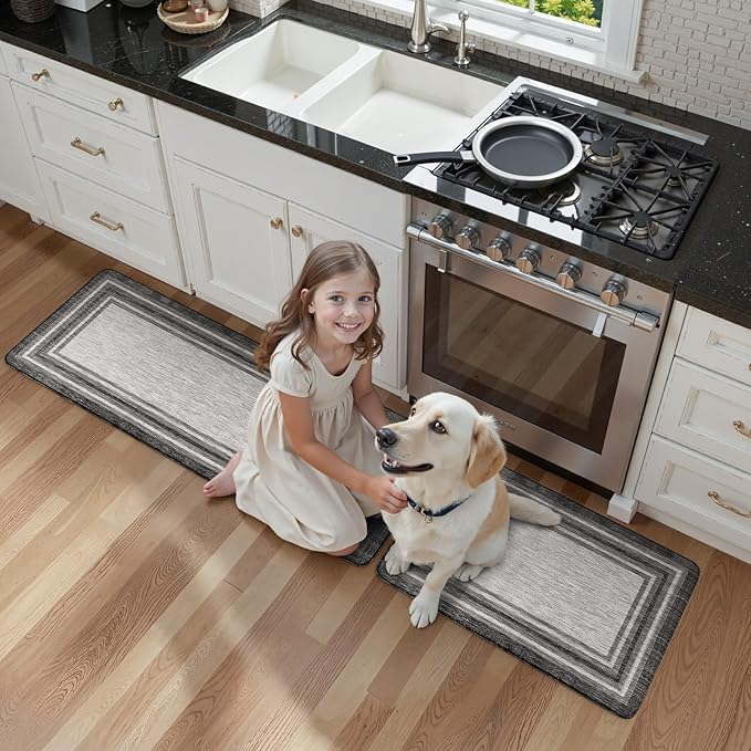 KIMODE Anti Fatigue Kitchen Mats for Floor 2PCS,17"x47"+17"x29" Farmhouse Kitchen Rugs Non Slip Rubber Backing,Waterproof Cushioned Standing Mat for Office,Laundry,Sink,Desk,Grey