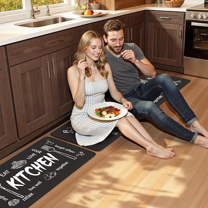 KIMODE Anti Fatigue Kitchen Mats, Farmhouse Kitchen Rugs Sets of 2,Non Slip Waterproof Kitchen Floor Mats,Ergonomic Cushioned Comfort Standing Mat for Home,Laundry,Office,Sink,Desk,Black