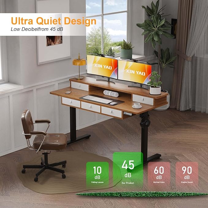 XINYAO Electric Standing Desk with 5 Drawers, 55x24 Inch Height Adjustable Sit Stand Up Desk with Storage Support 290lbs Ergonomic Rising Table with Wheels for Home Office