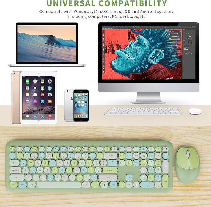 Wireless Keyboard and Mouse Combo, Colorful Ergonomic Full Size Retro Low-Noise Keyboard with Cute keycaps, Compatible with Windows, PC, Perfer for Home and Office Keyboards (Green)