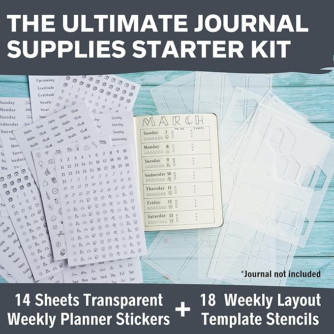 Weekly Planner Layout Journaling Supplies Kit (32 pcs) - 18 Weekly Layout A5 Planner Stencils and 14 Sheets Minimalist Planner Stickers, Planner Accessories Compatible with A5 Bullet Journals
