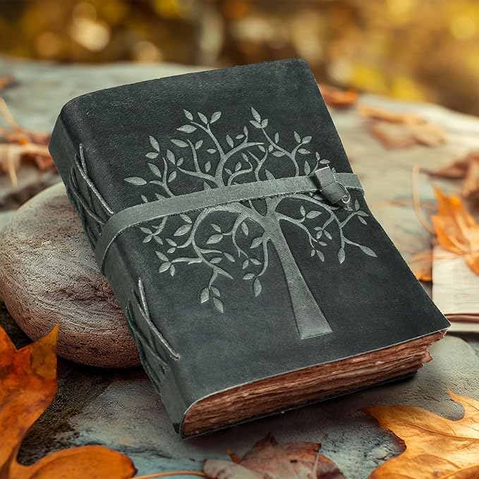 LEATHER VILLAGE Tree of Life Journal - 6 X 4 (A6) inches - Aqua - 200 Antique Deckle Edge Handmade Paper – Book of Shadows - Vintage Leather Bound Journal for Women & Men