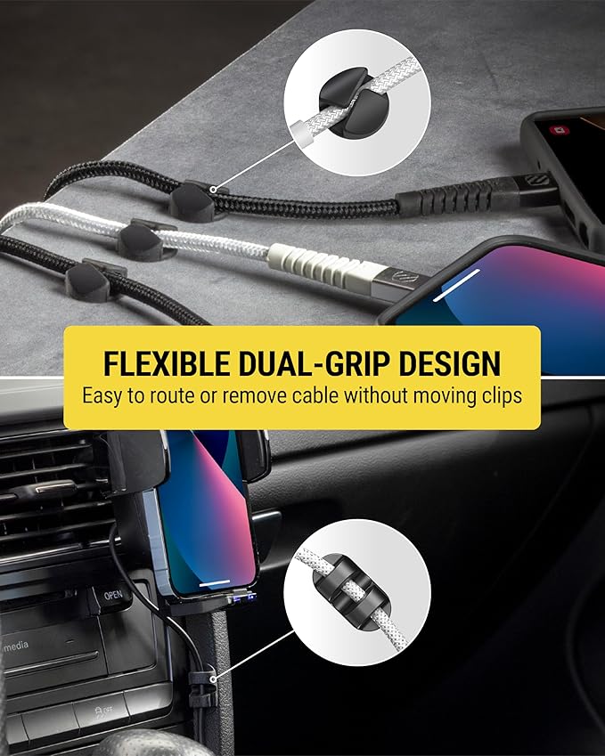 Scosche CMAA2R-6PKRP 6 Pack Adhesive Cable Management Clip Kit in Two Styles, Cord Organizer, Wire Holder for Desk, Nightstand, Phone Charger, Computer, Home, Office, Car, Black