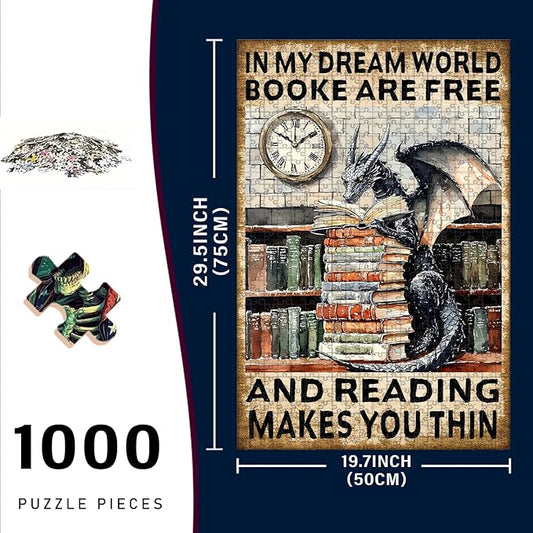 1000 Piece Wooden Jigsaw Puzzle in My Dream World Books are Free and Reading Makes You Thin Challenging Family Game Night Stress Relief Educational Toy Perfect Home Decor 29.5x19.7 Inch