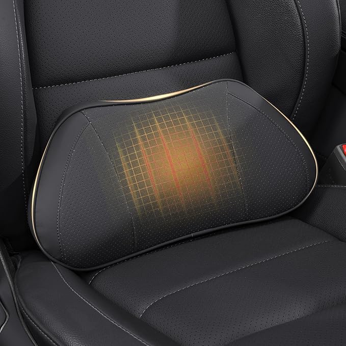 Lumbar Support Pillow for Car, Premium Leather Memory Foam Lumbar Cushion for Lower Back Pain Relief, Universal Back Support for Driving, Home & Office Chairs, Black, 1 Pack