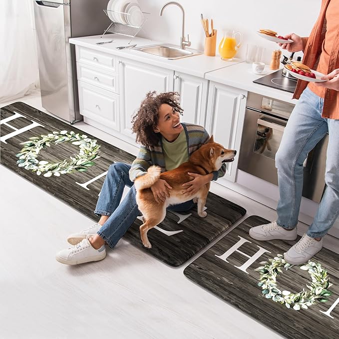 KIMODE Anti Fatigue Kitchen Mat 2PCS,Non-Skid Waterproof Kitchen Rugs,Farmhouse Kitchen Mat for Floor,Cushioned Comfort Foam Standing Mat for Home,Laundry,Office,Sink,Desk