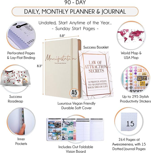 Gratitude Journal for Women & Men - 5 Minute Self Care Journal | 90-Day Undated Daily Planner for Positivity, Affirmations & Manifestation | Guided Mindfulness, Reflection | Vision Board + Stickers