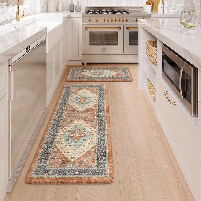 KIMODE Anti Fatigue Kitchen Mat 20"x47"+20"x32", Boho Distressed Kitchen Rugs Sets of 2, Kitchen Mats for Floor Cushioned Non Slip, Comfort Kitchen Floor Mats for Sink, Laundry, Desk Orange
