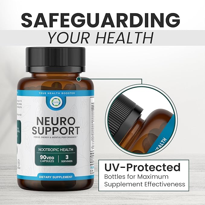 Neuro Support - Premium Nootropic Supplement for Focus, Energy, Mental Clarity, and Performance Organic Lion’s Mane, Bacopa Monnieri, Rhodiola, Non-GMO Gluten-Free CDP Choline 90 Veg Capsules