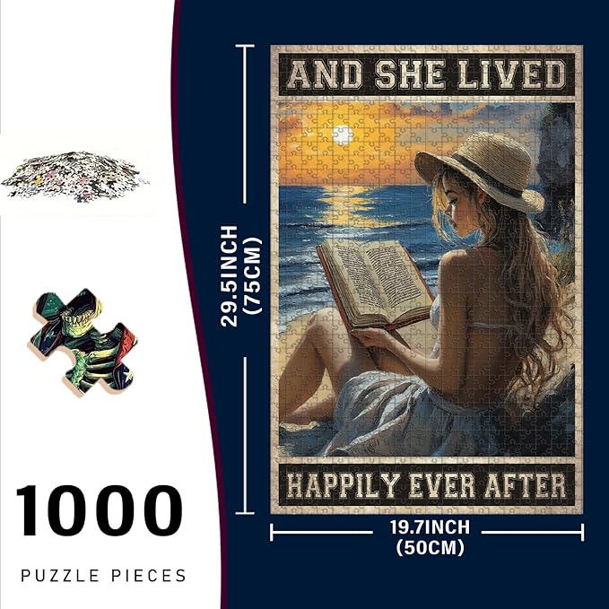 1000 Piece Wooden Jigsaw Puzzle and She Lived Happily Ever After Girl Reading Book Adults & Kids Time Killing Challenge Stress Relief Quiet Play for Rainy Days Long Car Rides 29.5x19.7 Inch