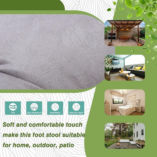 15" Foldable Foot Stool Ottoman with Metal Frame - Washable Light Grey Upholstered Indoor/Outdoor Footrest for Living Room, Bedroom, Patio - Space-Saving Compact Design