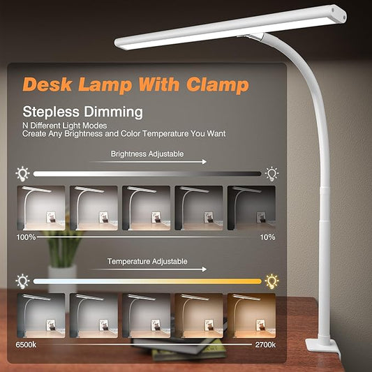 LED Desk Lamp for Office Home, Eye-Caring Desk Light with Stepless Dimming Adjustable Flexible Gooseneck, 10W USB Adapter Desk Lamp with Clamp for Reading, Study, Workbench