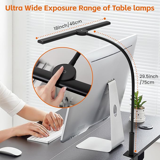 LED Desk Lamp with Clamp, Eye-Caring Adjustable Brightness, 3 Lighting Modes, Touch & Remote Control Clip Light for Home Office, Study, Computer Work, Reading, Puzzle, Task (Black)