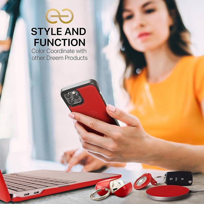 Dreem Om Case Cover with Keychain Clip Compatible with AirPods 4 for Apple AirPods 4th Generation, Vegan Leather AirPod Case for Men & Women, Luxury Earbuds Accessory for iPhone - Red