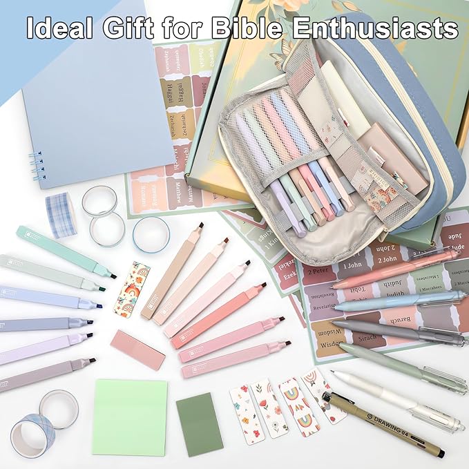 54Pcs Bible Journaling Kit with Pencil Case, Bible Highlighters and Pens with Tabs, Notebook, Bible Study Supplies Journel Essentials Accessories Tools for Women,Back to School Gifts (Blue)