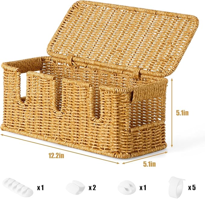 Handmade Cable Management Box,Imitation Rattan Cord Organizer with Lid,Extra 3 Open Slots Cord Hider for TV Wires Computer Router USB Hub,Cable Organizer Box to Hide Cords and Power Strips