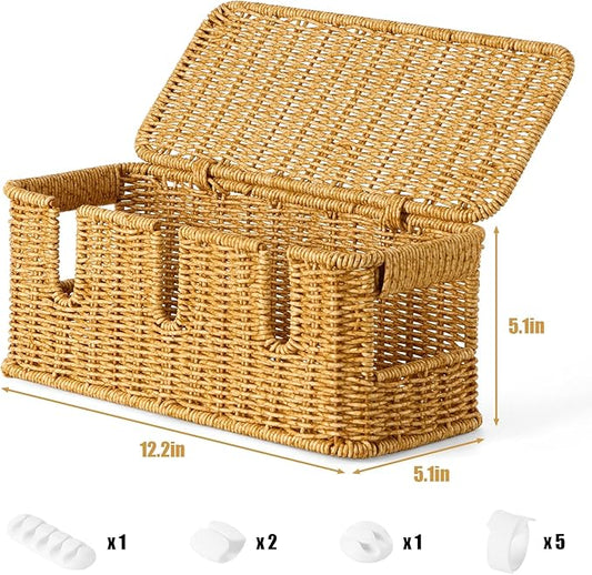 Handmade Cable Management Box,Imitation Rattan Cord Organizer with Lid,Extra 3 Open Slots Cord Hider for TV Wires Computer Router USB Hub,Cable Organizer Box to Hide Cords and Power Strips