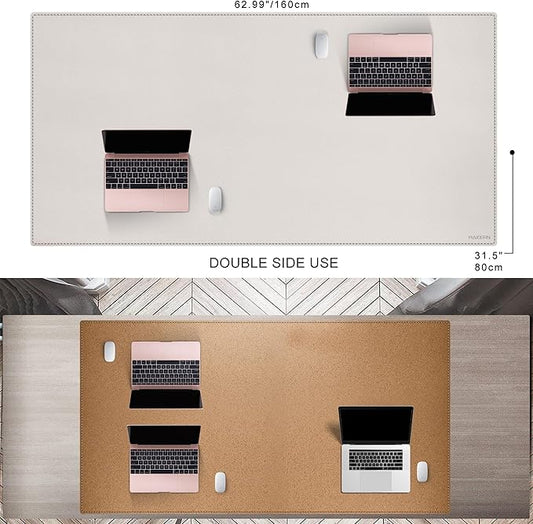 MAIDERN 63”x 31.5” Leather Desk Pad, Large Desk Mat, Cork & Leather Large Mouse pad for Desk, Waterproof Computer Desk Pad for Gaming Home Office (Cream)