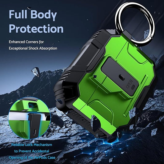 DASFOND Armor Earphone Cover Case for Airpods 4 Generation, Military Grade Full Body Shockproof Protection Hard Case, Support Wireless Charging with Keychain, Magnetic Lid, Front LED Visible, Green
