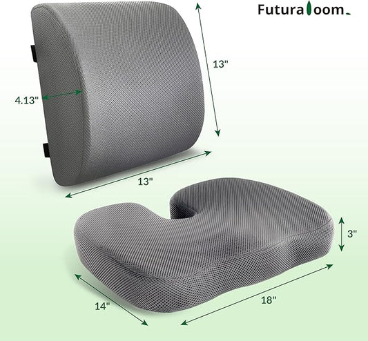 Seat Cushion & Adjustable Lumbar Support Pillow Set, Charcoal Memory Foam Back & Tailbone Pain Relief, Non-Slip & Washable Cover, for Office Chair, Car Seat, Wheelchair - Grey