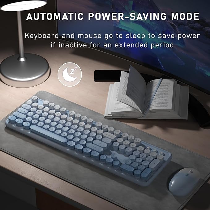 Wireless Keyboard and Mouse, Full-Size Retro Typewriter Keyboard with Round Keycaps, 2.4GHz for Windows, Mac, Laptop, PC, Desktop (Blue Gradient)