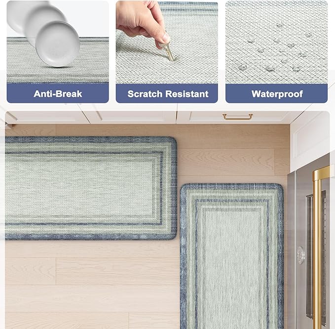 KIMODE Farmhouse Kitchen Runner Rug,17.3" x 59" Anti Fatigue Kitchen Mats for Floor Cushioned,Non-Skid Waterproof Kitchen Floor Standing Mat for Front Sink,Laundry Room,Blue and Gray