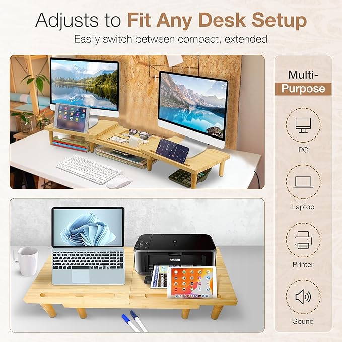 Dual Monitor Stand Riser - Solid Wood 3 Panels Laptop Riser with Storage for Phone/Mug - Home/Office Desk Organizer with Adjustable Length & Angle - Modern Computer Stand for PC, Laptop, & more (Natural)