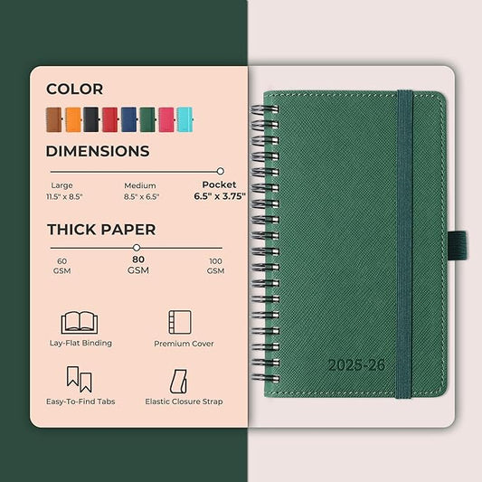 Planner 2025-2026 Daily Weekly and Monthly,6.5"x3.75",18 Months Spiral Bound Calendar Agenda with Self-adhesive Pen Holder,2026 Academic Plan with Vegan Leather Soft Cover,Green