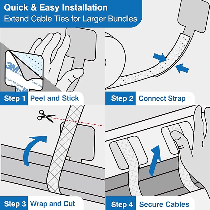 Cable Management Kit – 40 Self-Adhesive Hook and Loop Ties with 2 Extension Straps – Made with 3M Tape, Back-Sticky Cord Organizer for Under Desk, Wall, Home, Office – Adjustable Wire Holders