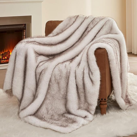 L'AGRATY Faux Fur Throw Blanket: 60''x 80'' Luxury Fluffy Plush Thick Faux Fur Blanket for Bed Couch Sofa - Cozy Soft Fuzzy Blankets for Women Man: Minky Couture Decoration Blanket (White Beige)