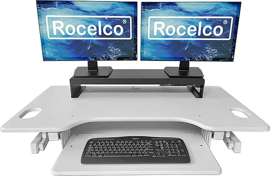 Rocelco 46" Large Height Adjustable Standing Desk Converter with Double Monitor Mount Stand BUNDLE - Quick Sit Stand Up Computer Workstation Riser - Retractable Keyboard Tray - White (R DADRW-46-DMS)