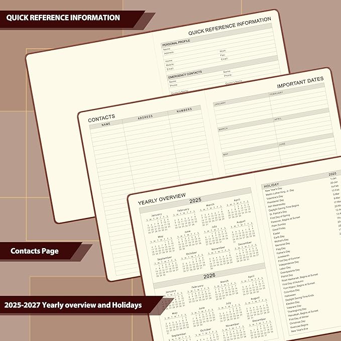 Vondafe 2025-2026 Leather Academic Planner, Weekly Monthly, Jul.2025 - Jun.2026, 9" x 11", Inner Pocket + Elastic Closure + Pen Loop + Bookmarks, Leather Hardcover - Brown