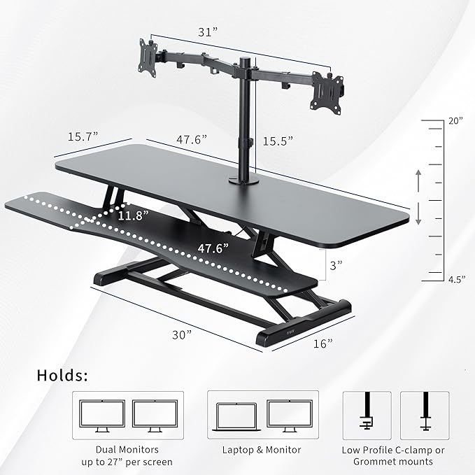 VIVO Height Adjustable 48 inch Standing Desk Converter with Dual 13 to 30 inch Monitor Stand, Sit Stand Monitor Mount and Desk Riser, Black, DESK-V048KB-M2