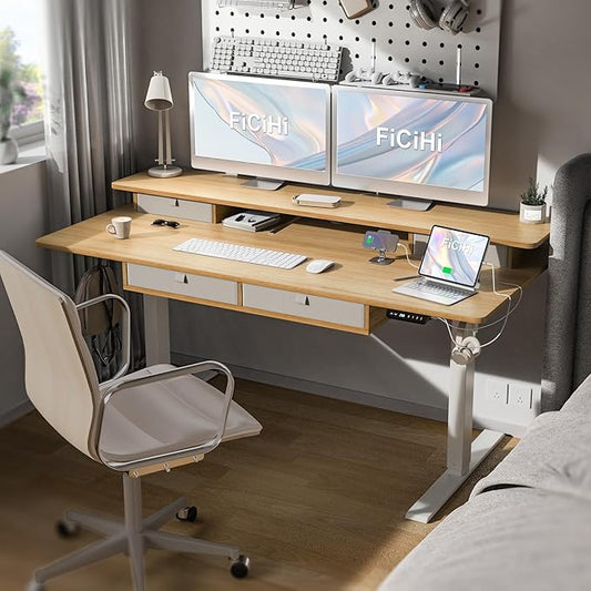 Adjustable Height Standing Desk with 4 Drawers,63 x 30 inches Electric Sit Stand Home Office Desk with Two Tiers, 3 Memory Presets, Monitor Stand Riser, USB A/C Charging Port