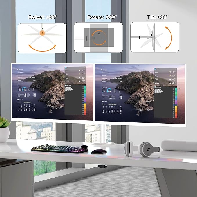 Pholiten Dual Monitor Stand, Heavy Duty Adjustable Monitor Arm Desk Mount for 2 Screens up to 38Inches, Tilt, Swivel, Rotate, Supports Tilt, Swivel, Rotate, Supports 22 lbs per Arm,White
