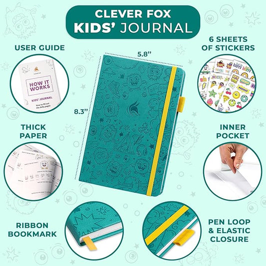 Clever Fox Kids’ Journal – Daily Feelings & Gratitude Notebook for 8+ Children – Child’s Planner & Mood Tracker for Journaling & Writing (Turquoise)