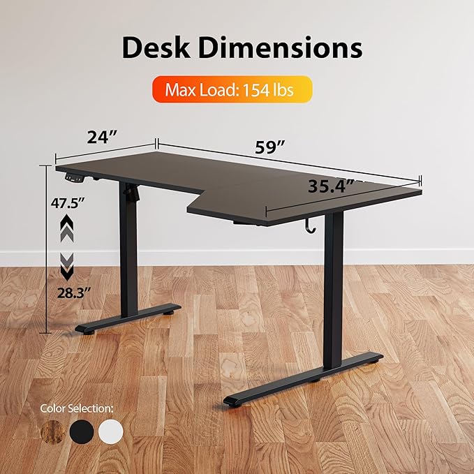 Agilestic Electric Standing L-Shaped 59 Inches Height Adjustable Desk, Sit and Stand up Desk for Work Office Home, Ergonomic Rising Computer Table for Home Office with Splice Board, Black