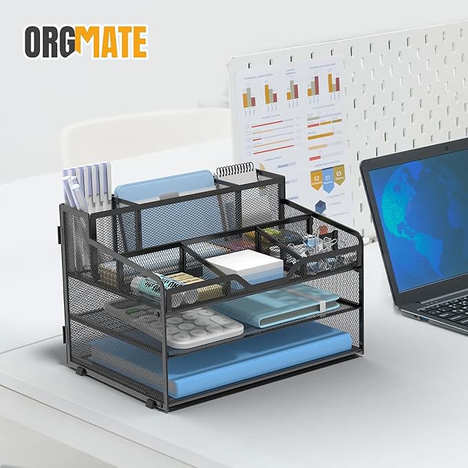 OrgMate 3 Tier Mesh Desk Organizer,Multi Functional Letter Paper Tray with 3 Pen Holders and 5 Adjustable Storage Compartments for Office Supplies Files and Mail Space Saving Desktop Organizer-Black