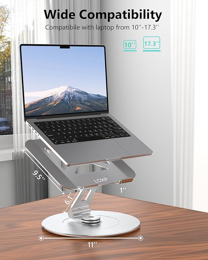 Laptop Stand with Phone Holder, Adjustable Laptop Stand with 360 Rotating Base, Aluminum Computer Mount Holder, Ergonomics Laptop Riser for Desk, Fits MacBook, up to 17.3" All Notebooks Silver