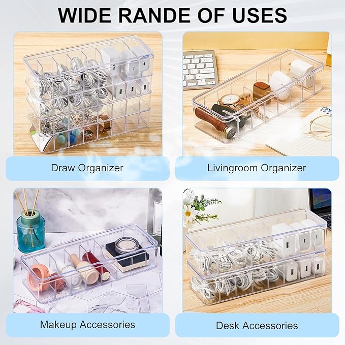 Tatuo 6 Pcs Cable Organizer Box with Wire Ties, Plastic Cord Storage Box with Lid, Electronics Organizer for Home Office Desk Organizers and Accessories (10.79'' X 3.78'' X 1.97'',Clear)