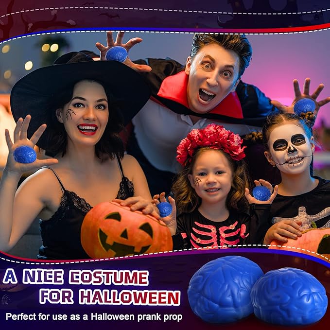 Leitee 12 Pcs Brain Stress Balls Bulk Large Halloween Brain Toys PU Hand Muscle Exercise Pressure Ball Funny Stress Relief Toy for Teens Adult Improving Grip Strength Prop(Blue)