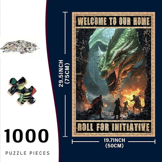 1000 Piece Difficult Wooden Jigsaw Puzzle Welcome to Your Home Roll for Initiative for Adults Kids Educational Family Activity Stress Relieving Quiet Play 29.5x19.7 Inch