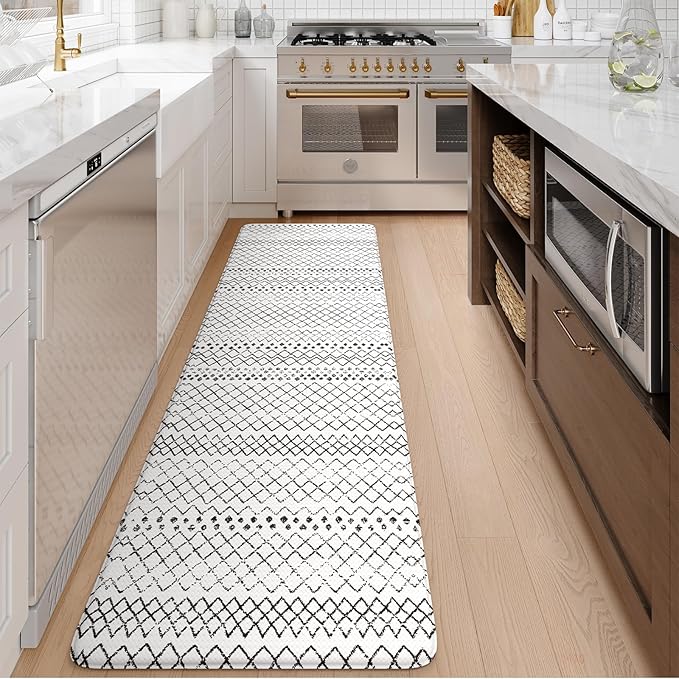 KIMODE Anti Fatigue Kitchen Mat for Floor, 20"x71" Farmhouse Kitchen Rug, Non Slip Waterproof Kitchen Floor Mat, Cushioned Standing Mat for Front of Sink Laundry Desk Bedroom Black and White