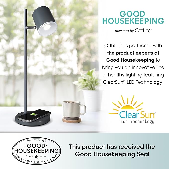 OttLite LED Desk Lamp with Wireless Charger, Good Housekeeping, Modern Book Light, Reading Light, Adjustable, Dimmable, Designed to Reduce Eyestrain, Great Desk Lamps for Home Office