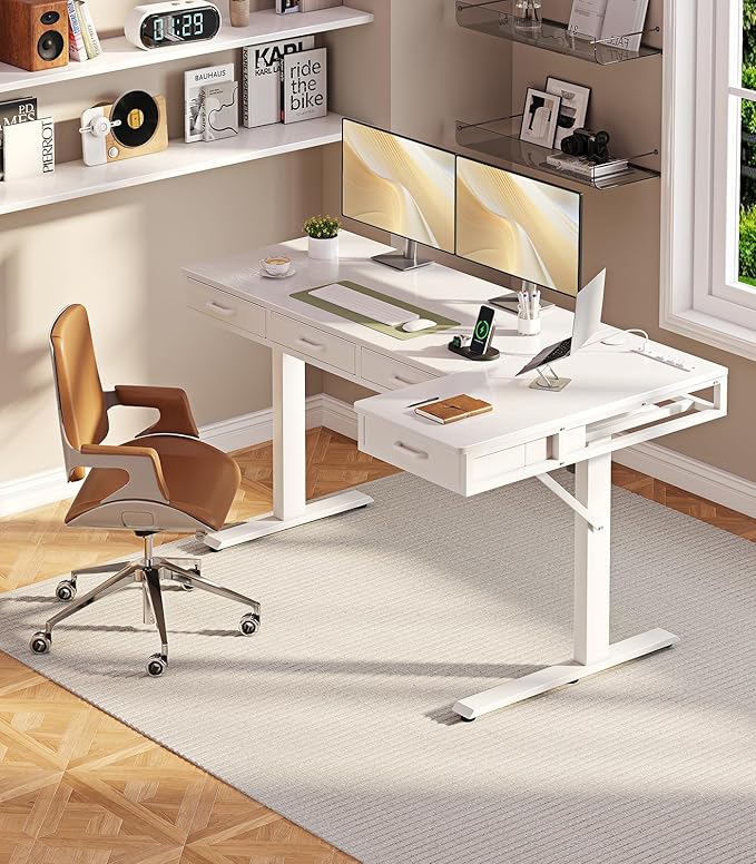OffiGo 63 Inch L Shaped Electric Standing Desk with Drawers, Height Adjustable Large Desk with Power Outlets, Sit Stand Table, Writing Computer Desk for Home, Office, Workstation,White
