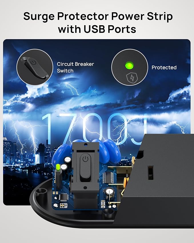 TROND Desk Clamp Power Strip USB C PD 20W- Surge Protector with 4 AC Outlets 4 USB Ports, Flat Plug 6ft Extension Cord, 1700J, ETL Listed, Fits 1.97 inch Tabletop Edge, for Home Office, Black