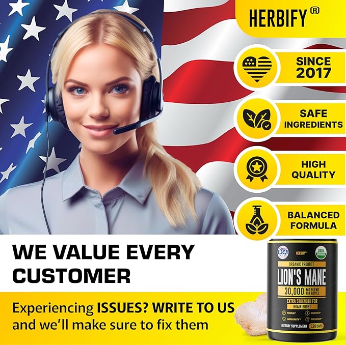 HERBIFY Lions Mane Supplement - Daily Mushroom Supplement for Memory, Focus & Clarity - Brain Booster - Lions Mane Capsules for Natural Immune Support - Vegan, Organic - 120 Capsules