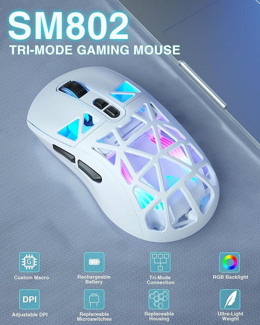 SM802 White Wireless Gaming Mouse,10000 DPI,Tri-Mode Wired/BT 5.0/2.4GHz Wireless Mouse Gaming with Side Button,RGB Programmable Macro Mouse for Laptop